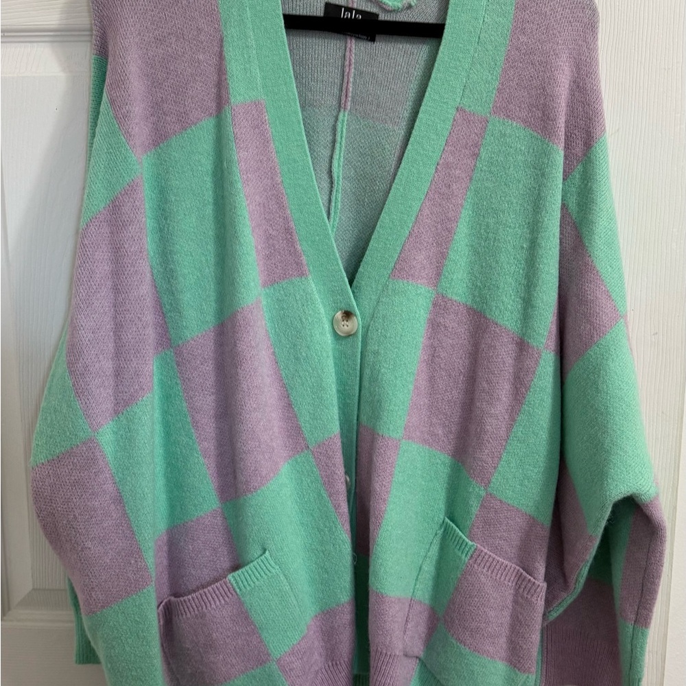 Dressed in LALA Mint and Lavender Checkered Cardigan